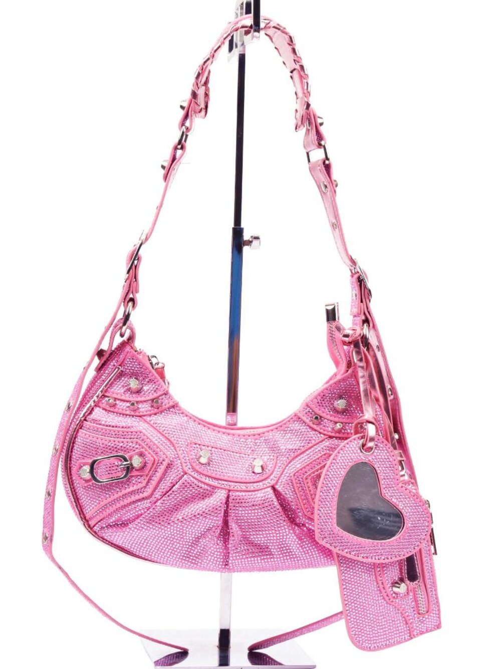 Rhinestone Pink Studded Small Shoulder Bag w/Coin Purse & Mirror